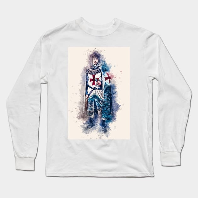 Knights Templar Warrior The crusader Watercolor Historic Fine Art Long Sleeve T-Shirt by Naumovski